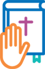 Abstract icon composed of overlapping colorful shapes in blue, orange, purple, and teal, representing collaboration, purpose, and shared mission.